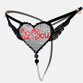 Ropa interior sexy de malla con entrepierna abierta y perlas "Love You"